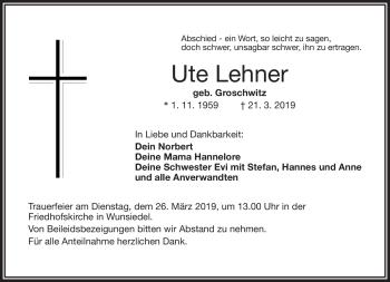 Traueranzeige von Ute Lehner von Frankenpost