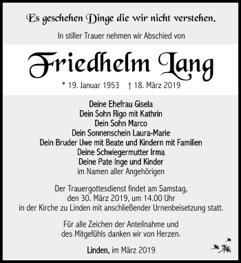 Traueranzeige von Friedhelm Lang von Südthüringer Presse