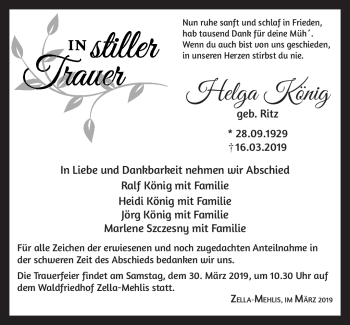 Traueranzeige von Helga König von Südthüringer Presse