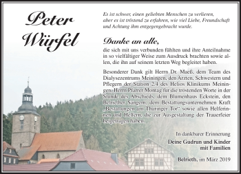 Traueranzeige von Peter Würfel von Südthüringer Presse