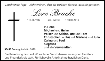 Traueranzeige von Lore Bracke von Neue Presse Coburg