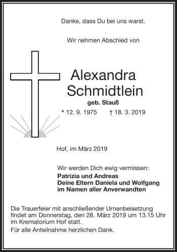 Traueranzeige von Alexandra Schmidtlein von Frankenpost
