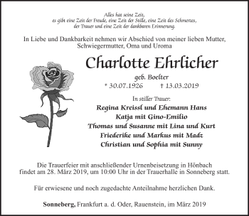 Traueranzeige von Charlotte Ehrlicher von Südthüringer Presse