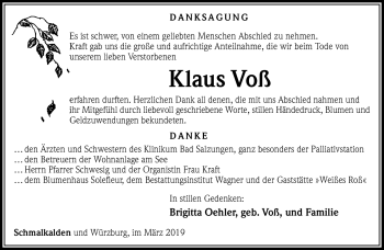 Traueranzeige von Klaus Voß von Südthüringer Presse