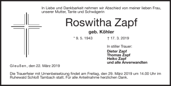 Traueranzeige von Roswitha Zapf von Neue Presse Coburg