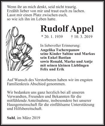 Traueranzeige von Rudolf Appel von Südthüringer Presse