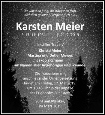 Traueranzeige von Karsten Meier von Südthüringer Presse