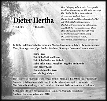 Traueranzeige von Dieter Herth von Südthüringer Presse