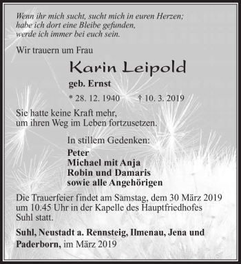 Traueranzeige von Karin Leipold von Südthüringer Presse