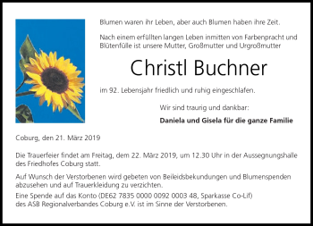 Traueranzeige von Christl Buchner von Neue Presse Coburg
