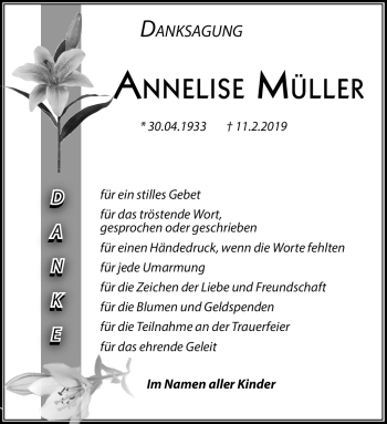 Traueranzeige von Annelise Müller von Südthüringer Presse