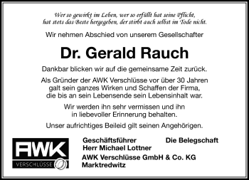 Traueranzeige von Gerald Rauch von Frankenpost