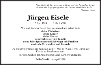 Traueranzeige von Jürgen Eisele von Südthüringer Presse