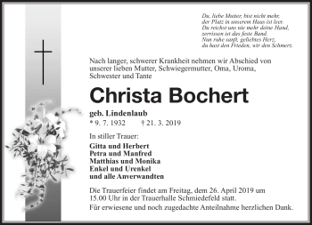 Traueranzeige von Christa Bochert von Südthüringer Presse