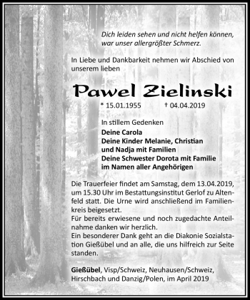 Traueranzeige von Pawel Zielinski von Südthüringer Presse