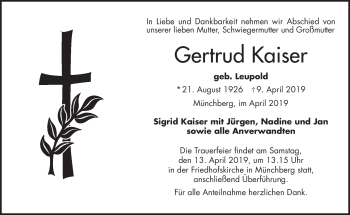 Traueranzeige von Gertrud Kaiser von Frankenpost