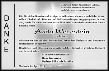 Traueranzeige von Anita Wetzstein von Südthüringer Presse