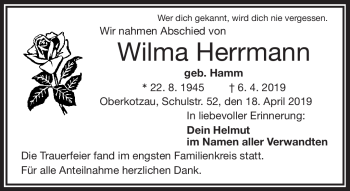 Traueranzeige von Wilma Herrmann von Frankenpost