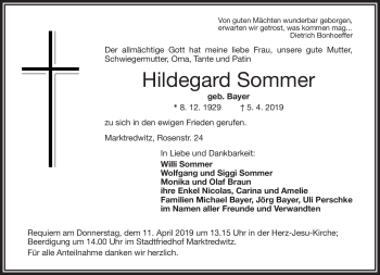 Traueranzeige von Hildegard Sommer von Frankenpost