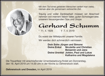 Traueranzeige von Gerhard Schumm von Südthüringer Presse