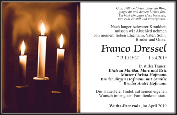 Traueranzeige von Franco Dressel von Südthüringer Presse