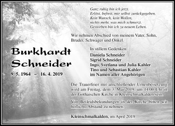 Traueranzeige von Burkhard Schneider von Südthüringer Presse