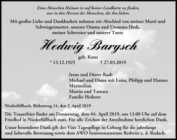Traueranzeige von Hedwig Barysch von Neue Presse Coburg