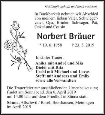 Traueranzeige von Norbert Bräuer von Südthüringer Presse
