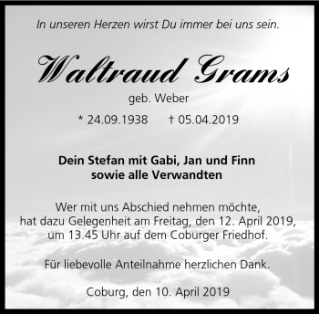 Traueranzeige von Waltraud Grams von Neue Presse Coburg