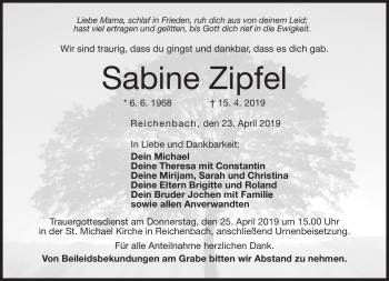 Traueranzeige von Sabine Zipfel von Neue Presse Coburg