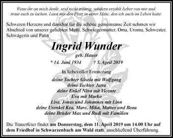 Traueranzeige von Ingrid Wunder von Frankenpost