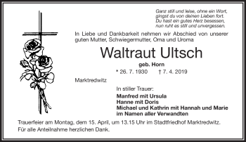 Traueranzeige von Waltraut Ultsch von Frankenpost