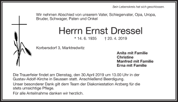Traueranzeige von Ernst Dressel von Frankenpost