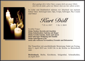 Traueranzeige von Kurt Döll von Südthüringer Presse