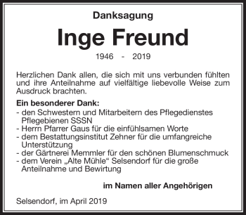 Traueranzeige von Inge Freund von Südthüringer Presse