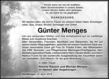 Traueranzeige von Günter Menges von Südthüringer Presse