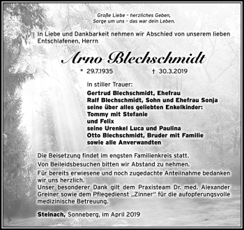 Traueranzeige von Arno Blechschmidt von Südthüringer Presse