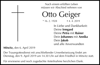 Traueranzeige von Otto Geiger von Neue Presse Coburg