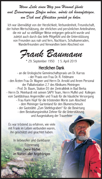 Traueranzeige von Frank Baumann von Südthüringer Presse
