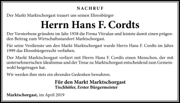 Traueranzeige von Hans Cordts von Frankenpost