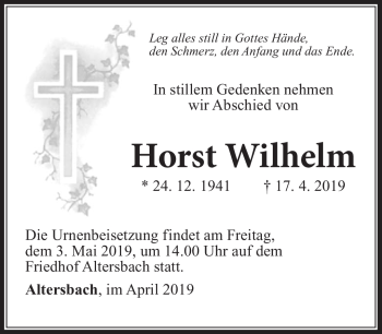 Traueranzeige von Horst Wilhelm von Südthüringer Presse