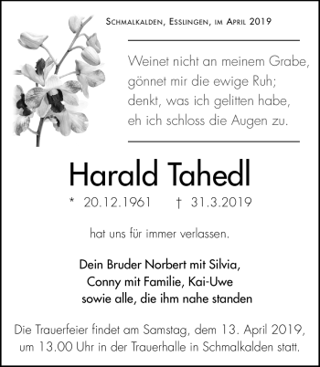 Traueranzeige von Harald Tahel von Südthüringer Presse