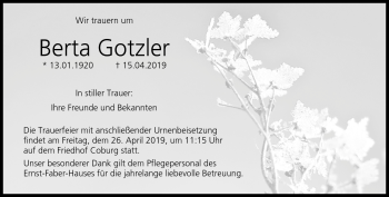 Traueranzeige von Berta Gotzler von Neue Presse Coburg