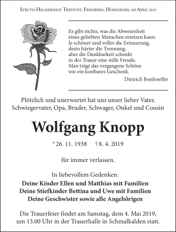 Traueranzeige von Wolfgang Knopp von Südthüringer Presse