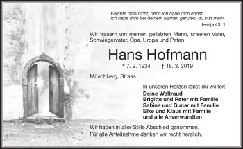 Traueranzeige von Hans Hofmann von Frankenpost