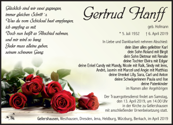 Traueranzeige von Gertrud Hanff von Südthüringer Presse