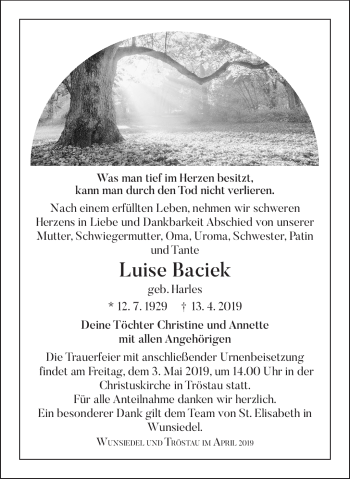 Traueranzeige von Luise Baciek von Frankenpost