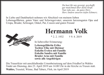 Traueranzeige von Hermann Volk von Südthüringer Presse