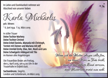 Traueranzeige von Karla Michaelis von Südthüringer Presse