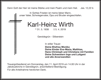 Traueranzeige von Karl-Heinz Wirth von Frankenpost